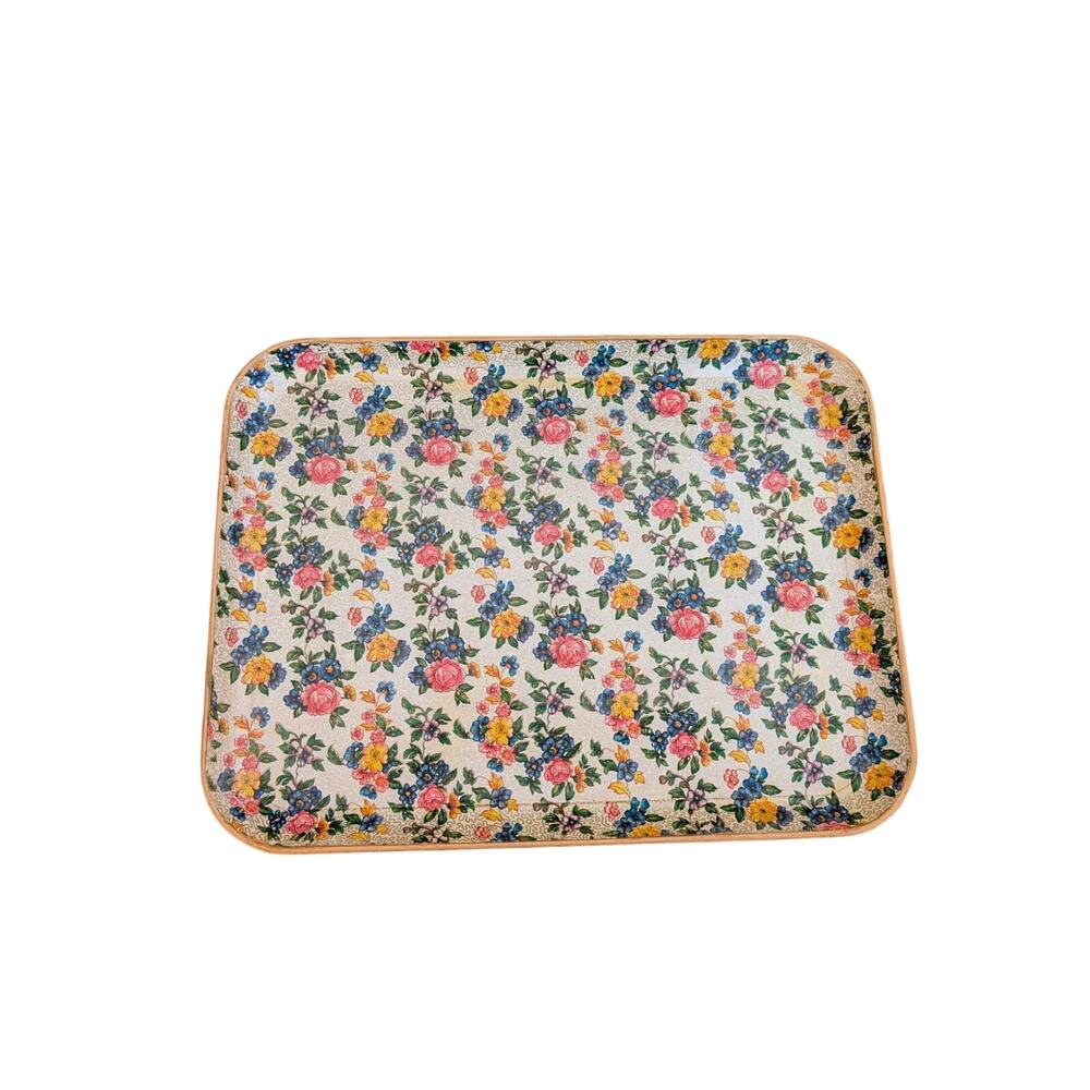 Vintage 50s Japanese Paper Mache Highmount Lacquer Floral Gilt Trim 14X10 Tray - Picture 8 of 10